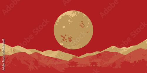 minimalist landscape illustration with mountains and sun red background