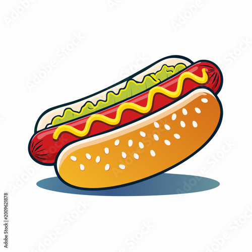 Stylized Illustration of a Hot Dog with Mustard and Relish