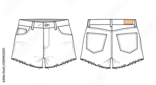Technical fashion sketches of women denim shorts with a raw frayed hem and five pocket design shown from the front and back for apparel.