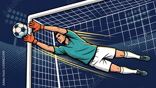 Goalkeeper making dramatic diving save during football match showcasing athletic reflexes and defensive skill in competitive sport
