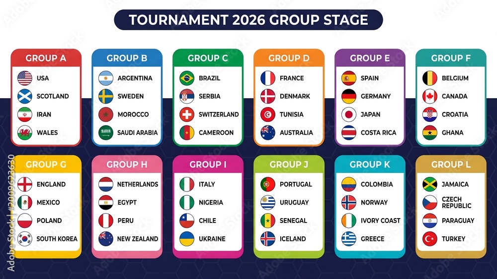 Fototapeta premium 2026 Football Championship Tournament Bracket Planning Chart Showing Team Groups and Soccer Competition Schedule for Sports Event Organization