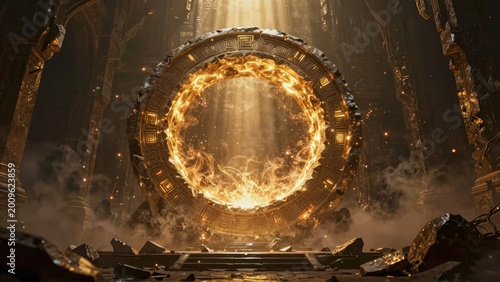 Mystical Golden Portal Gateway in Ancient Temple Ruins