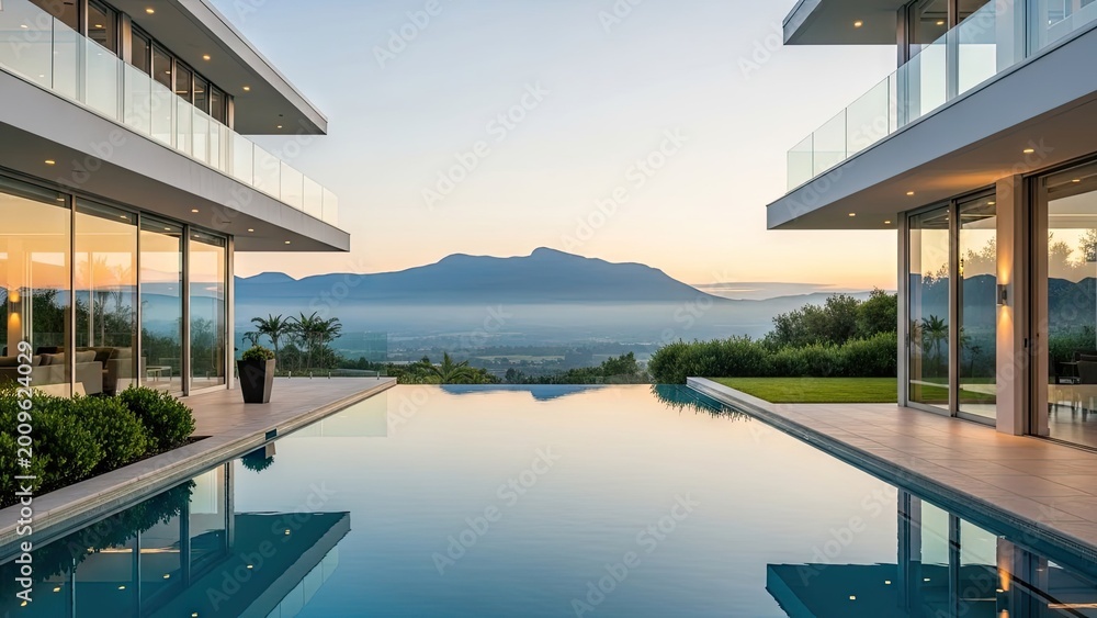 Fototapeta premium luxury infinity pool at modern villa with mountain sunset view and relaxation ambiance