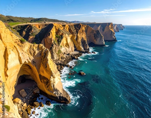 Sunlit golden cliffs carved by ocean waves, revealing a hidden cave