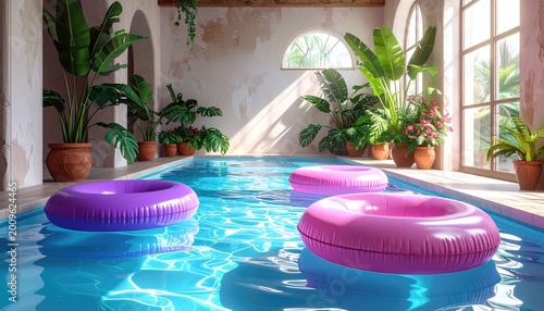 Sunlit indoor pool with floating tubes and lush plants
