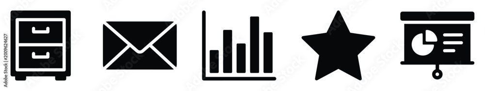 Fototapeta premium Professional flat glyph icons depicting essential office and business concepts for digital interfaces