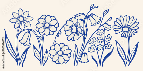 Bild auf Leinwand Stylized floral arrangement with daisies poppies and bellflowers in a blue line