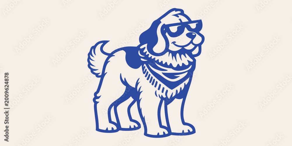 Fototapeta premium Blue silhouette of a standing dog wearing sunglasses and a bandana on a light background