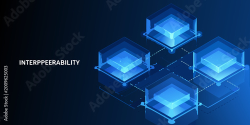 Photos Interconnected three dimensional cubes with glowing lines on a dark blue backgro
