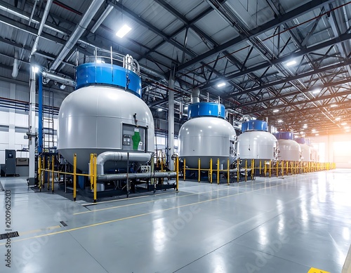 A large industrial warehouse with several large silver and blue storage tanks