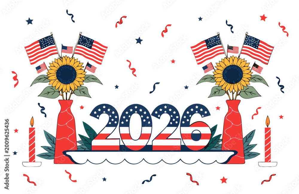 Obraz premium Colorful illustration featuring sunflowers, American flags, and candles celebrating the year 2026, with red and blue decorations for a festive patriotic atmosphere
