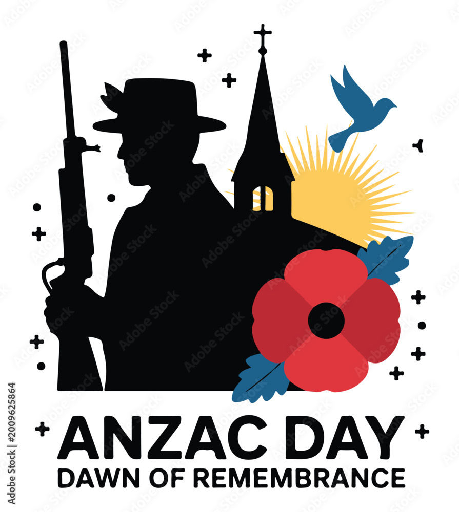 Fototapeta premium ANZAC Soldier Silhouette with Poppy and Church at Dawn