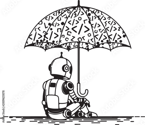 Robot sitting under umbrella with symbols