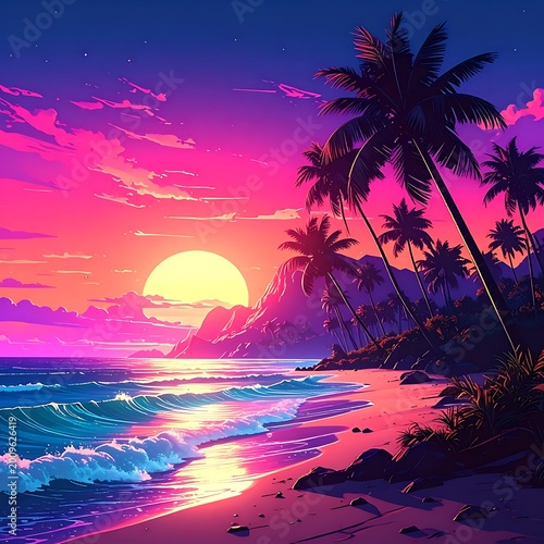 Vibrant tropical beach at sunset with palm trees (1)