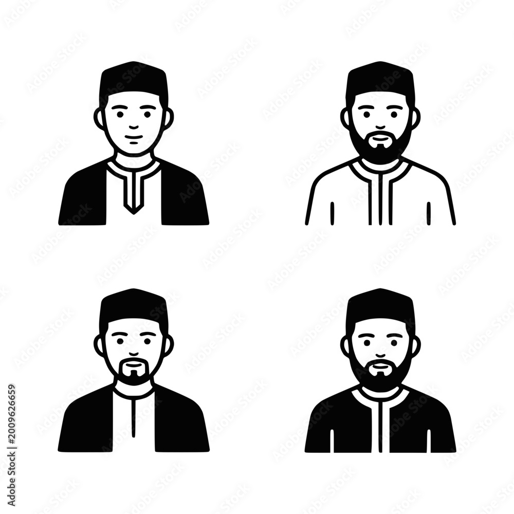 Fototapeta premium Muslim Men Icons: Diverse Avatars with Traditional Attire and Beards