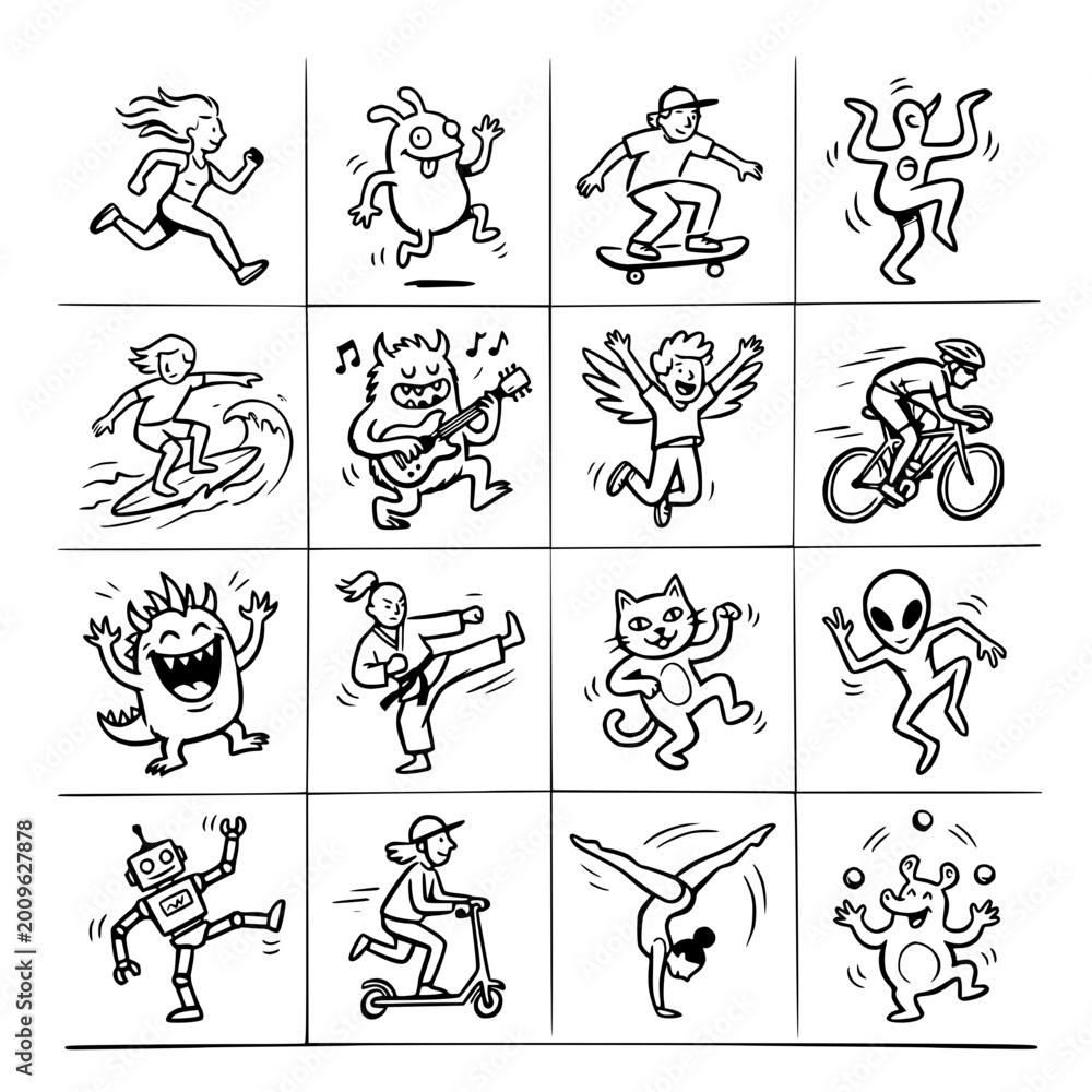 Obraz premium Diverse Cartoon Characters: Sports, Music, and Fun Activities