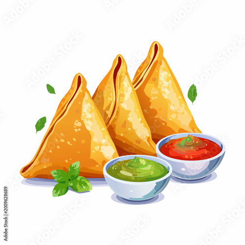 Detailed vector illustration of samosas with crispy golden texture and chutney dips