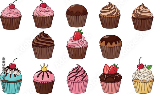 Foto Assorted colorful cupcakes with cream frosting chocolate and fruit toppings isol