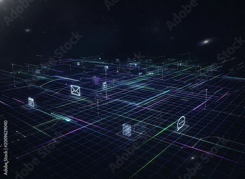 Intricate digital grid network glowing with neon lines and icons in a futuristic cyberpunk atmosphere with dark background