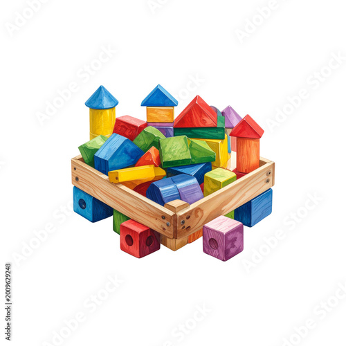 The image shows a stack of brown wooden blocks and square building blocks assembled into a toy structure, placed against a white background.
