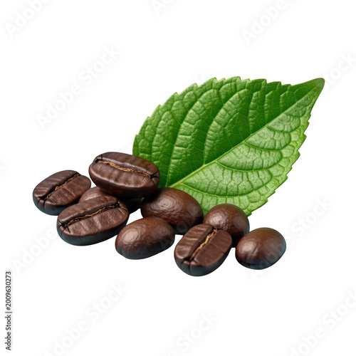 Roasted Coffee Beans and Green Leaf Elements on Transparent Background