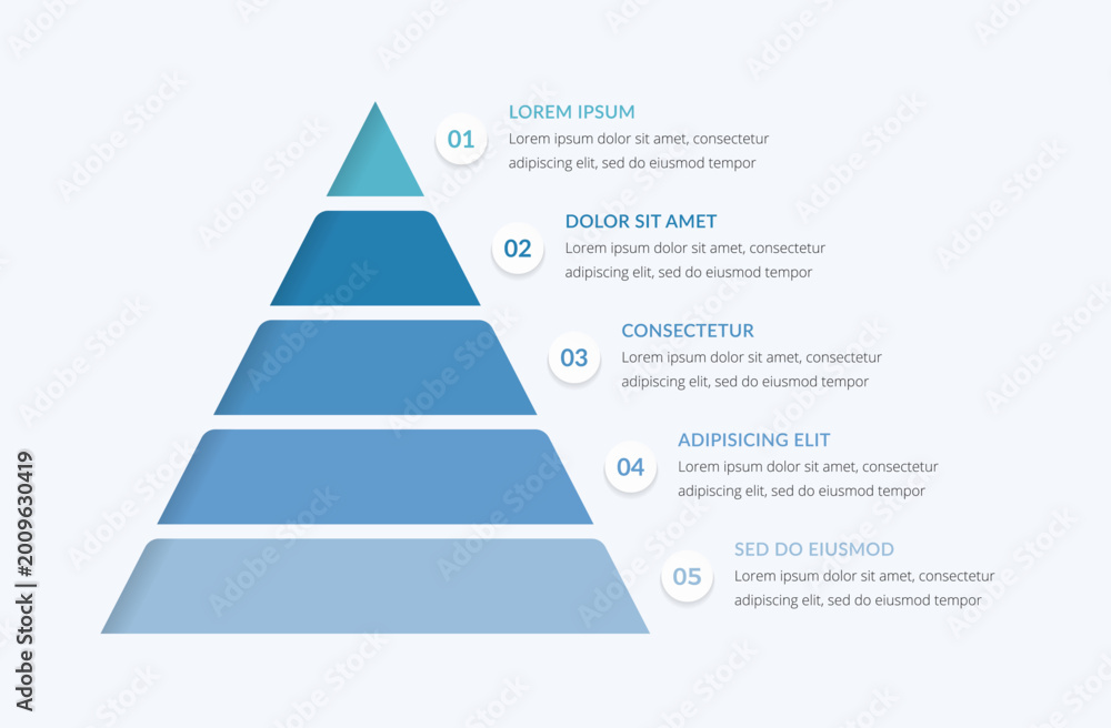 Naklejka premium Business infographic template featuring a five-level pyramid chart designed for professional presentations, data visualization, and marketing reports to show hierarchy or process steps