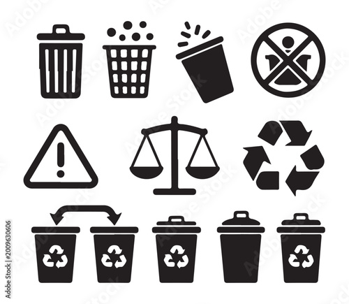 Fényképezés Environmental recycling and waste disposal icon set with various trash cans scales and warning sign symbols