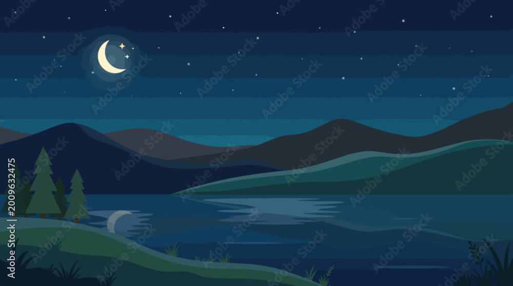 Obraz premium Flat vector illustration of a peaceful rural landscape with lake and a small house at night