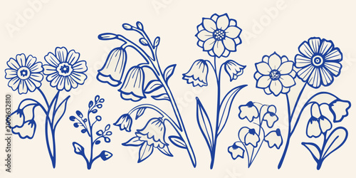 Foto Stylized floral arrangement with daisies bellflowers and lilies blue line art on