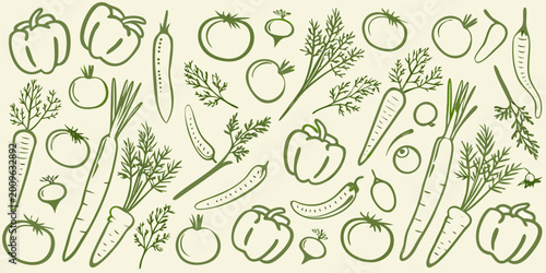 Fotografi Botanical line art illustration of various vegetables and garden produce on a cr