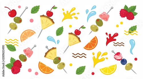 Tableau sur toile Colorful cocktail garnish vector set, fruit skewers with cherries and olives, fr