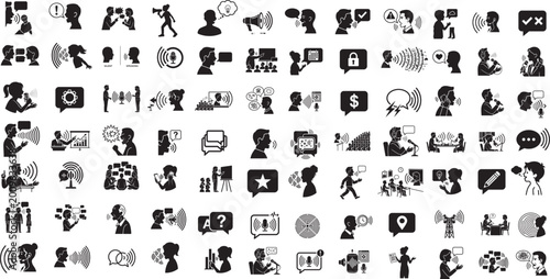 Modern Speaking Icons Set Vector Silhouette Collection of Communication icon symbols for talking, man with open mouth, consultation, voice, conference, conversation, Talk person sign or symbol, speech