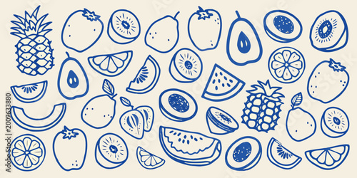 Tableau sur toile Collection of hand drawn fruit illustrations in blue line art on a beige backgro