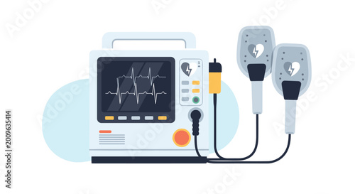 Modern medical defibrillator equipment with digital heart rate monitor and paddles used for emergency cardiac resuscitation.