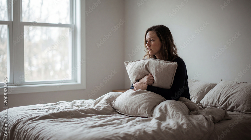 Fototapeta premium Woman sitting on bed hugging pillow while looking through window in quiet bedroom sadness loneliness mental health stress emotional isolation concept with soft daylight home interior