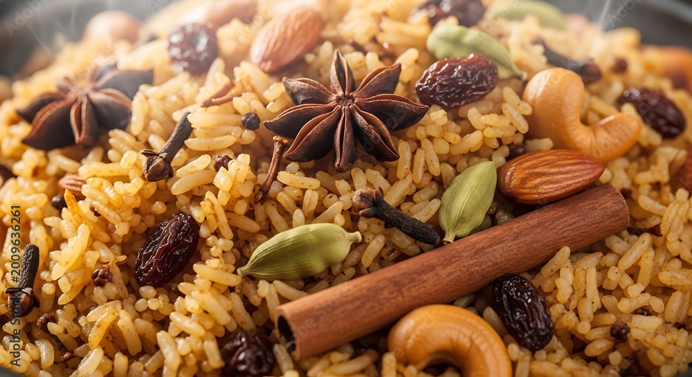 Fototapeta premium Close-up of nasi kebuli rice with visible spices, raisins, and nuts, highlighting aromatic texture, rich flavor, and traditional Indonesian Middle Eastern fusion cuisine.