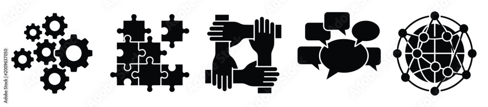 Obraz premium Set of business icons depicting teamwork, communication, strategy, process, and global connection needs.