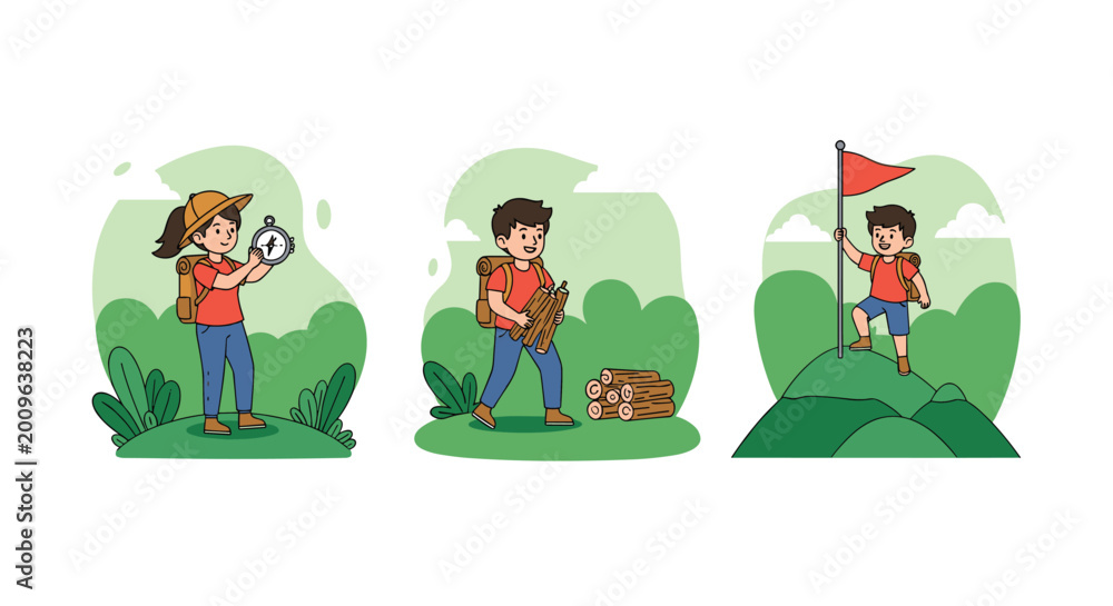 Fototapeta premium Adventurous children enjoy various camping activities including using a compass, carrying firewood, and reaching a mountain peak with a flag.