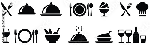 Food icons set featuring plate with fork, knife, and spoon symbols for restaurant menu logotype, catering services, dining, cafe, and food industry design.
