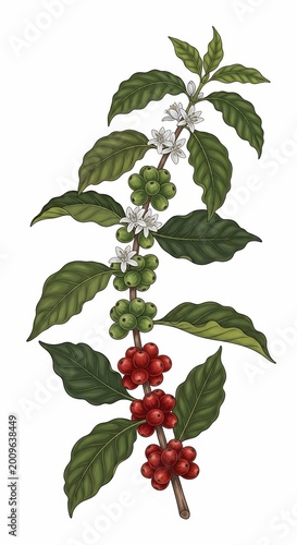 Vibrant coffee branch illustration: ripe red cherries, green berries, delicate white blossoms on a clean backdrop.