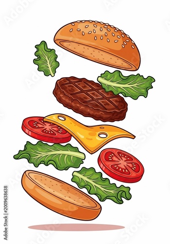 Exploding Burger Ingredients Art: Vibrant, Dynamic Flavors in Mid-Air