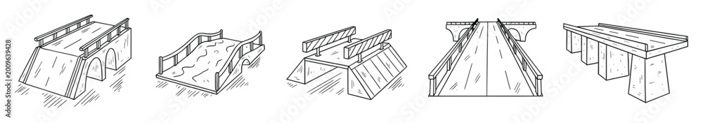 Naklejka premium Hand drawn line sketches of various bridge designs for engineering projects and infrastructure planning.