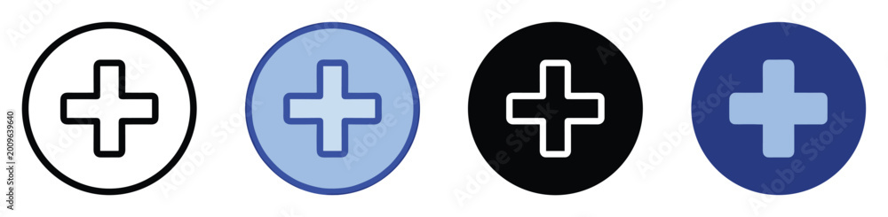 Fototapeta premium Universal plus sign icon set in diverse circular styles for web interfaces, medical symbols, and adding content