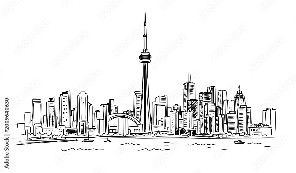 Fototapeta premium Hand drawn Toronto cityscape vector sketch with CN Tower and downtown buildings isolated on white