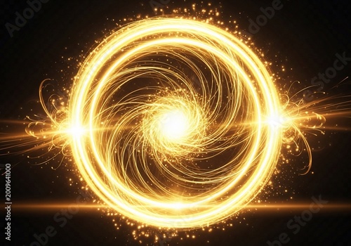 Golden Cosmic Vortex: Radiant energy spirals outwards in a dazzling display of light and bokeh.