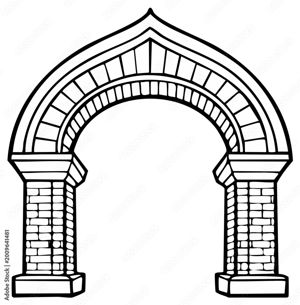 Fototapeta premium Intricate line drawing of a stone archway featuring keystone, brickwork, columns, and a classic, regal design for creative projects.