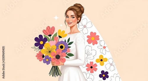 A beautiful bride holds a vibrant bouquet of flowers. She is wearing a white wedding dress with floral patterns and a veil.