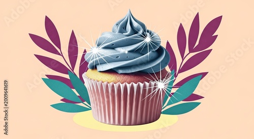 A beautiful cupcake sits on a peach colored background. The cupcake is frosted with a light blue frosting and decorated with sparkling stars.