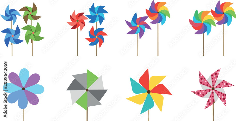 Wall Mural Colorful pinwheel collection set with spinning toy windmills isolated vector ill