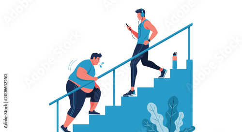 Comparison between a fit athlete running up stairs and an overweight man struggling with physical exercise on a blue staircase background.
